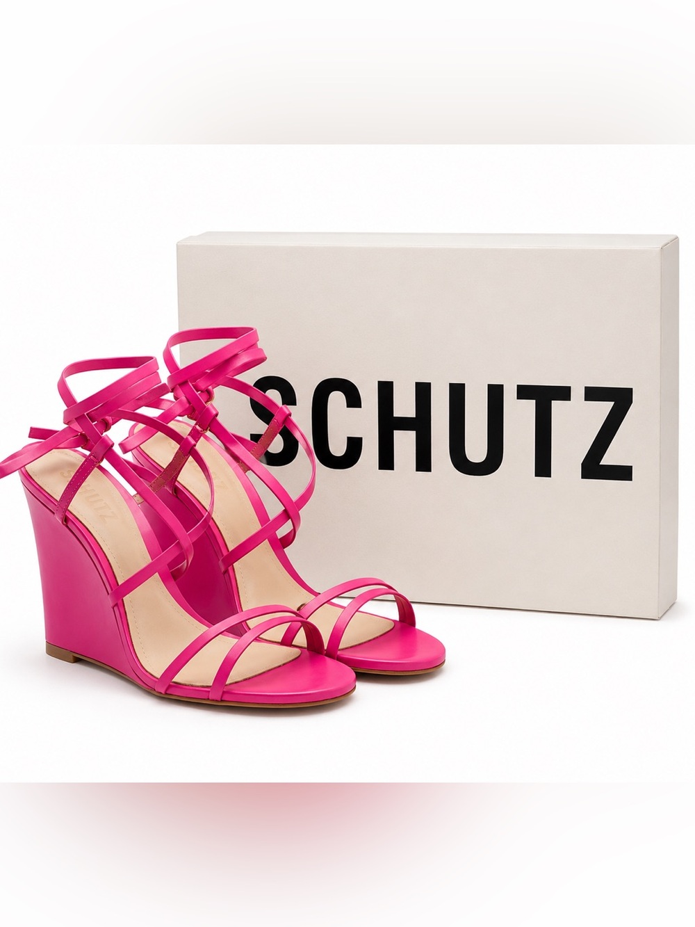 SCHUTZ Deonne Hot Pink Leather Multi-Strap Ankle Wrap Wedge Sandals NIB